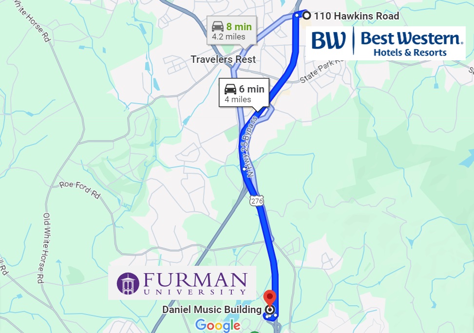 A birds-eye view map showing the best route from Best Western in Travelers Rest to the Daniel Music Building