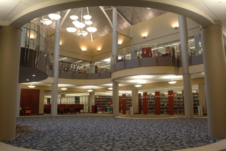 Interior view of a large circular room in the James B. Duke Library, showcasing its grand design and inviting atmosphere.