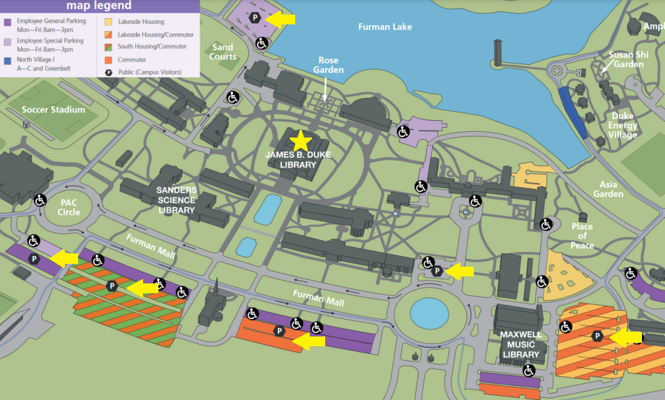 Map of the Furman campus showing buildings and parking spaces.