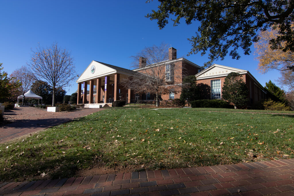 Autumnal view of the entrance to the James B. Duke Library.